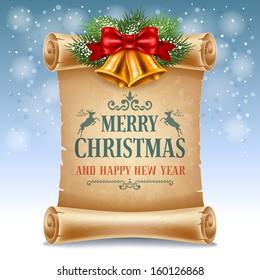 Merry Christmas Greeting Card With Golden Jingle Bells And Old Scroll Paper