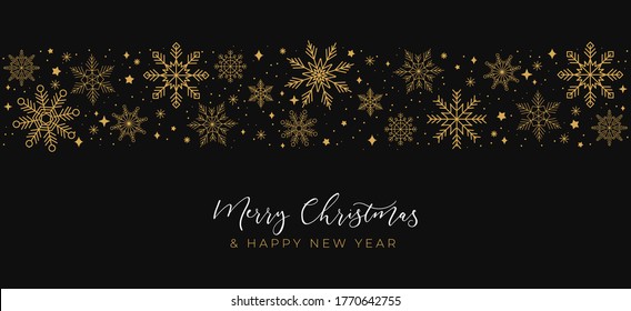 Feliz tarjeta de felicitación navideña con copos de nieve dorados y fondo oscuro.Elegante y simple fondo de vacaciones lineal para invitación de Año Nuevo, banner, web, flayer o tarjeta de saludo. Ilustración del vector