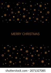Merry Christmas greeting card. Golden snowflakes, circles and stars on a black background