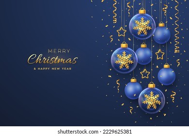 Merry christmas greeting card. Golden shining 3D snowflakes in a glass bauble. Christmas blue background with hanging gold stars and balls. Holiday Xmas, New Year banner, flyer. Vector Illustration.