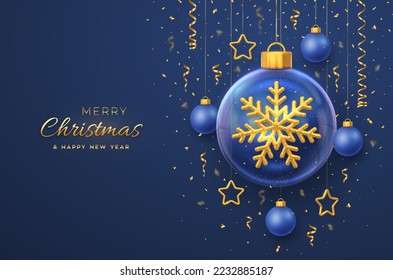 Merry christmas greeting card. Golden shining 3D snowflake in a glass bauble. Christmas blue background with hanging gold stars and balls. Holiday Xmas, New Year banner, flyer. Vector Illustration.