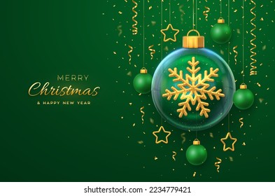 Merry christmas greeting card. Golden shining 3D snowflake in a glass bauble. Christmas green background with hanging gold stars and balls. Holiday Xmas, New Year banner, flyer. Vector Illustration.