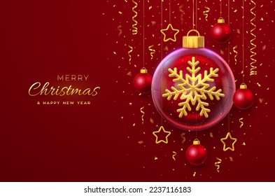 Merry christmas greeting card. Golden shining 3D snowflake in a glass bauble. Christmas red background with hanging gold stars and balls. Holiday Xmas, New Year banner, flyer. Vector Illustration.