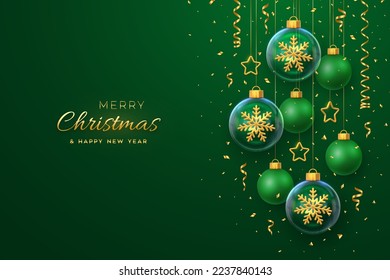 Merry christmas greeting card. Golden shining 3D snowflakes in a glass bauble. Christmas green background with hanging gold stars and balls. Holiday Xmas, New Year banner, flyer. Vector Illustration.