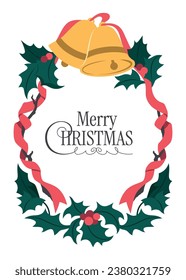 Merry Christmas greeting card. Golden bells with red ribbon, holly leaves and berries on a white background. Winter holiday banner, frame, border with lettering. Vector illustration in cartoon style.