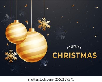 Merry Christmas Greeting Card with Golden Baubles Hang on Snowflake Dark Background.