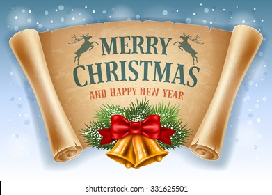 Merry Christmas greeting card with golden jingle bells and old scroll paper. Vector illustration.