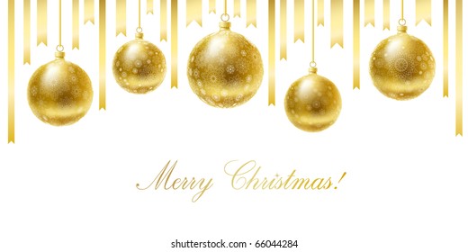 Merry Christmas greeting card with golden balls and ribbons.