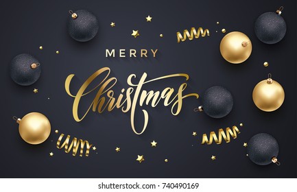 Merry Christmas greeting card of golden decoration balls, gold glittering confetti and stars glitter on premium black background. Vector Christmas or New Year wish calligraphy text for winter holiday