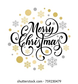 Merry Christmas greeting card of golden decoration ball, gold glittering snowflake confetti and star pattern on white background. Vector Christmas or New Year wish calligraphy text for winter Holiday