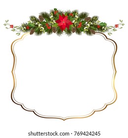 Merry christmas greeting card with golden frame, decorations and place for message. Christmas background with garland of spruce and holly. Vector illustration