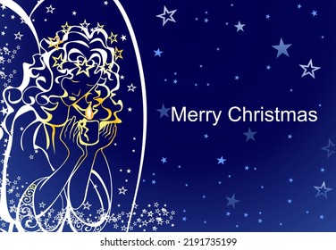 merry christmas greeting card with graphic angel on dark blue background and stars