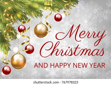 Merry Christmas greeting card with gray snowflakes background, Christmas tree border, baubles and golden serpentine streamers
