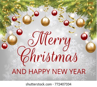 Merry Christmas greeting card with gray snowflakes background, Christmas tree border, baubles and golden serpentine streamers