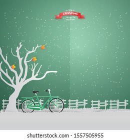 Merry Christmas Greeting Card With Green Bicycle Under The Deciduous Tree On View Of Cityscape In Snow And Winter Season, Paper Art And  Illustration