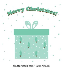 A Merry Christmas greeting card with a green gift box vector illustration. 