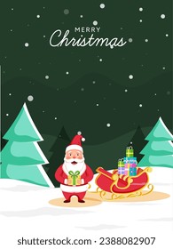 Merry Christmas Greeting Card in Green and White Color, Illustration of Cute Santa Claus with Sleigh Full of Gift Boxes and Xmas Trees on Snowy Background.