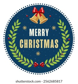 Merry Christmas Greeting Card with Green Laurel Wreath, Jingle Bells on Blue and White Background.