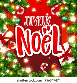  Merry Christmas greeting card with greetings in french language .Xmas vector background. Hand drawn calligraphy  Joyeux Noel