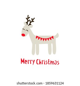 Merry Christmas greeting card with grey reindeer. Cute red nosed deer, hand drawing vector illustration in childish style. Isolated element on white background