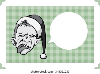 Merry Christmas greeting card with grimacing elf face