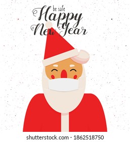 Merry Christmas greeting card with grunge textured background and Santa Claus in mask. Happy New Year invitation. Modern flat vector illustration seasonal character