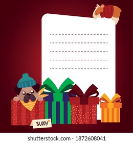 merry christmas greeting card with hamster dog and gift boxes template vector illustration