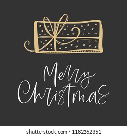Merry Christmas greeting card with hand drawn design elements. Handwritten modern lettering.