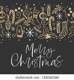 Merry Christmas greeting card with hand drawn design elements. Handwritten modern lettering.