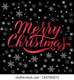 Merry Christmas greeting card. Hand drawn lettering. Gold Holidays pattern with snowflakes and dots. Christmas party typography poster. Easy to edit vector template for your artworks.