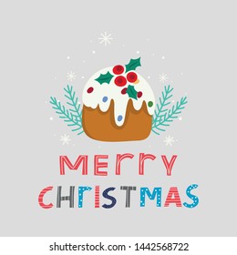 Merry Christmas greeting card. Hand drawn gingerbread Christmas pudding . Hand drawn vector illustration. 