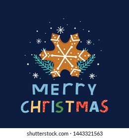 Merry Christmas greeting card. Hand drawn gingerbread snowflake on a deep blue background. Hand drawn vector illustration. 
