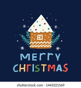 Merry Christmas greeting card. Hand drawn gingerbread house on a deep blue background. Hand drawn vector illustration. 
