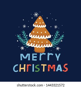 Merry Christmas greeting card. Hand drawn gingerbread Christmas tree on a deep blue background. Hand drawn vector illustration. 
