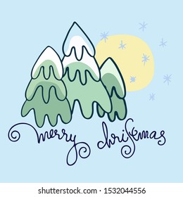 Merry Christmas greeting card. Hand lettering, snowy fir-trees, snowflakes, the sky and the sun on pink background