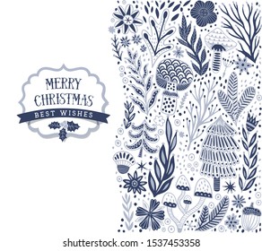 Merry Christmas greeting card. Hand drawn vector illustration. Winter theme greeting card. Doodle flowers and leaves. Perfect for wedding invitations, greeting cards, blogs, prints and more