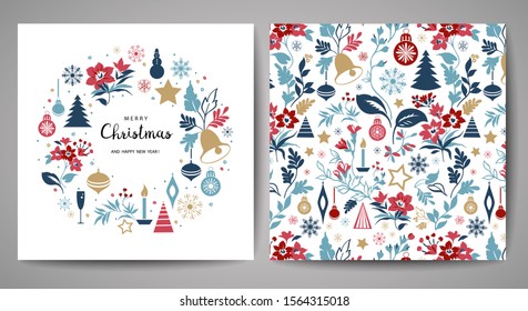 Merry Christmas Greeting Card. Hand Drawn Vector Illustration. Winter Theme Greeting Card.