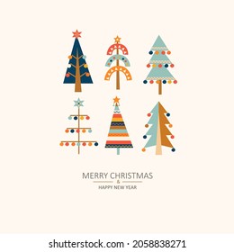 Feliz tarjeta de felicitación navideña con árboles de navidad dibujados a mano con juguetes al estilo escandinavo. Las navidades están aisladas en un ambiente acogedor. Plantilla para la invitación, el deseo, el diseño.Ilustración vectorial.