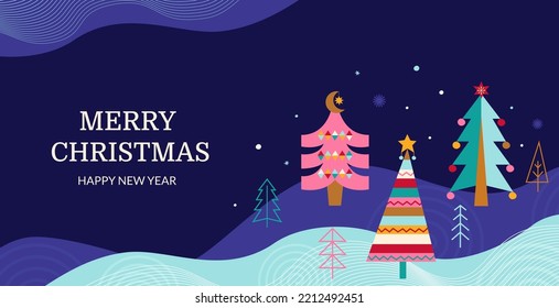 Merry Christmas greeting card with hand drawn christmas trees with ornament on snow-covered ground in Scandinavian style. Greeting card with place for text. Template for design.Vector illustration.