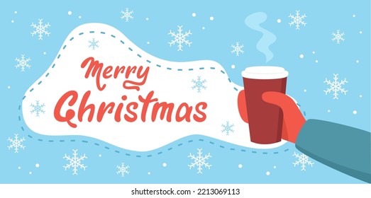 Merry Christmas greeting card. Hand in mitten holding paper cup of hot drink on blue background with snowflakes. Flat vector illustration