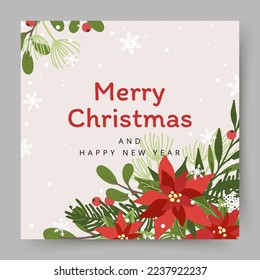 Merry Christmas greeting card.  Hand drawn holiday background with christmas tree branches, red berries and snowflakes.  Winter vector illustration in flat style for cover, banner, social media post