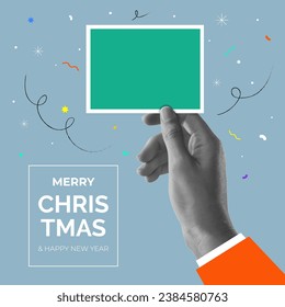 Merry Christmas greeting card. Hand holding blank photo frame, colorful retro collage illustration. Design for poster, banner, greeting and New Year celebration. Vector Illustration