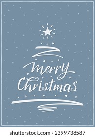 Merry Christmas greeting card with hand lettering, modern brush calligraphy. A Christmas tree is made from the text, pen stroke, star and decorations. Blue and white.