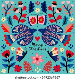 Merry Christmas greeting card with hand drawn flat elements. Doodles and sketches vector Christmas illustrations. Happy New Year.