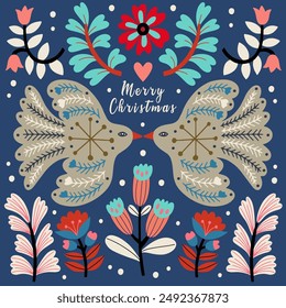 Merry Christmas greeting card with hand drawn flat elements. Doodles and sketches vector Christmas illustrations. Happy New Year.