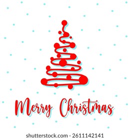 Merry Christmas greeting card with hand drawn spruce tree in swirl design. Decorative spruce with swirls, ornaments on white background. Festive spruce greeting card to send Merry Christmas wishes
