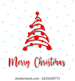 Merry Christmas greeting card with hand drawn spruce tree. Cute spruce with decorations on white background. Concept festive spruce greeting card to send Merry Christmas wishes with spruce.