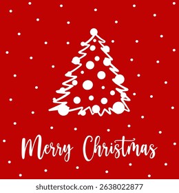 Merry Christmas greeting card with hand drawn spruce tree. Cute spruce with decorations and snowflakes on red background. Concept festive spruce greeting card to send Merry Christmas wishes.