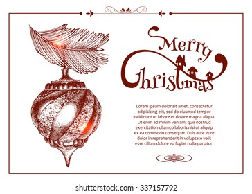 Merry Christmas greeting card with hand drawn sketch fir tree toys and place for text isolated on white background.  Vector illustration.