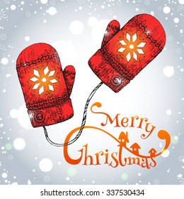 Merry Christmas greeting card with hand drawn sketch mittens and place for text isolated on shining background.  Vector illustration.